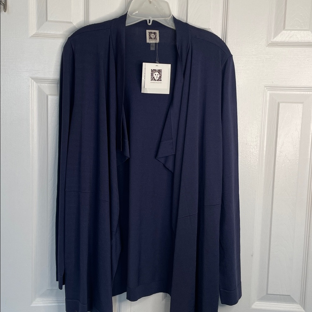 ANNE KLEIN CLASSIC BLUE KNIT CADET OPEN FRONT CARDIGAN SWEATER SIZE L NWT